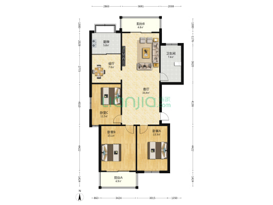 利苑陆区 3室2厅1卫 143平方