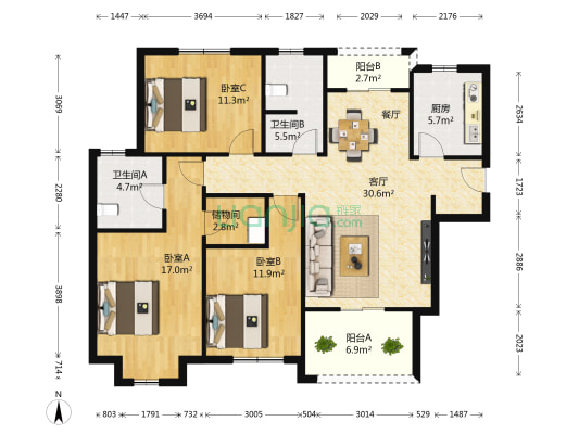 绿地海顿公馆 3室1厅2卫 130平方
