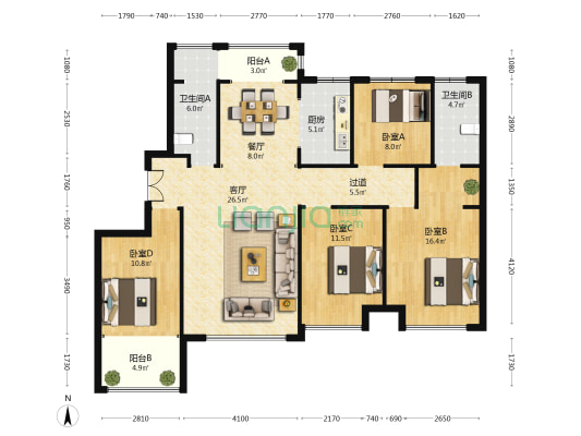 北大学府 4室2厅2卫 150平方