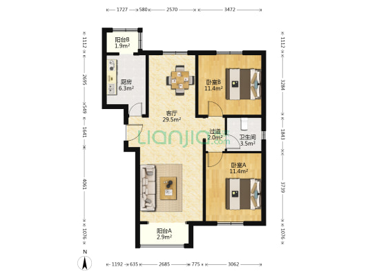 新兴家园西区 2室1厅1卫 90平方