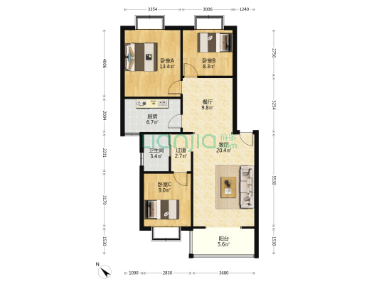 成青小区 3室2厅1卫 98平方