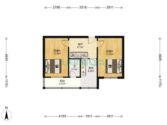 粮食局宿舍 2室1厅1卫 57平方