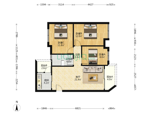 宝兴花园 3室1厅1卫 85平方