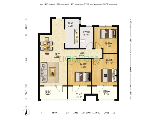 融创中心星望 3室1厅1卫 109平方