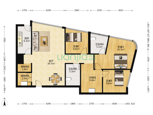 北京财富中心 3室1厅2卫 166平方