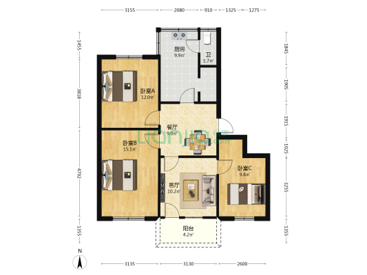供销社家属院(颍上北路) 3室2厅1卫 87平方