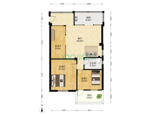 红风大街8号 3室1厅1卫 91平方