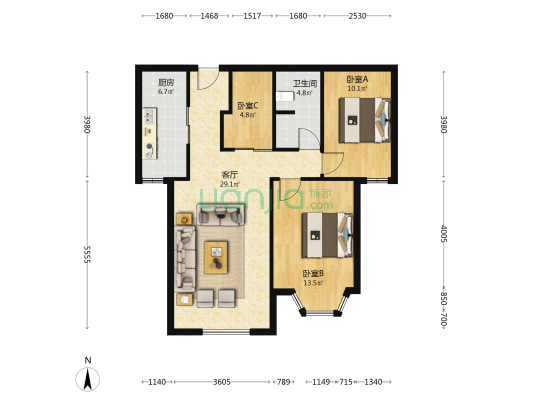 开发区  惠友钻石广场  全南两居室 有装修-户型图
