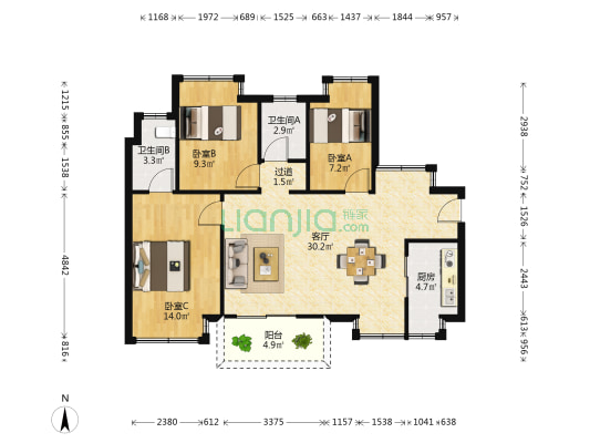 松湖之光2期尚品 3室1厅2卫 98平方