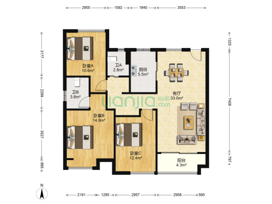 荣安心尚园 3室1厅2卫 119平方