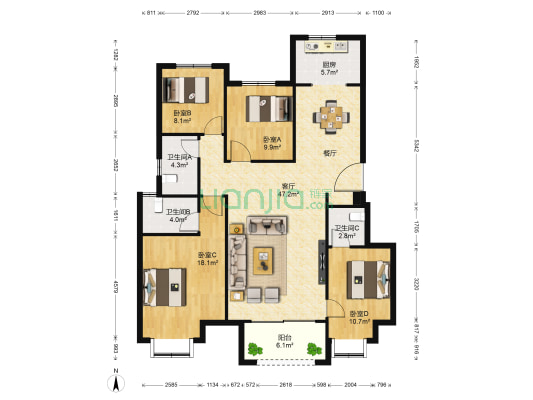 正弘澜庭叙Ⅱ期B区 4室1厅3卫 142平方