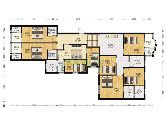华宁花园 8室1厅7卫 177平方