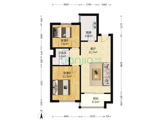 恒大帝景 2室1厅1卫 83平方