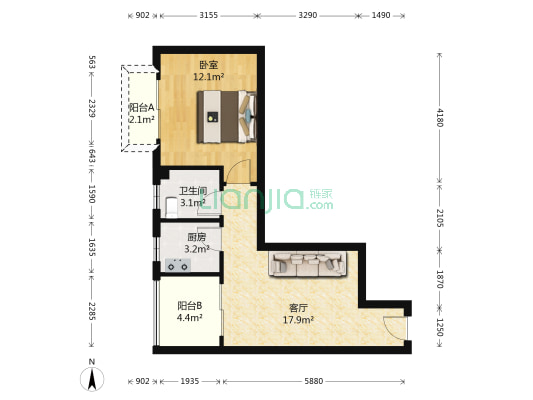 天成国际馨河湾H区 1室1厅1卫 51平方