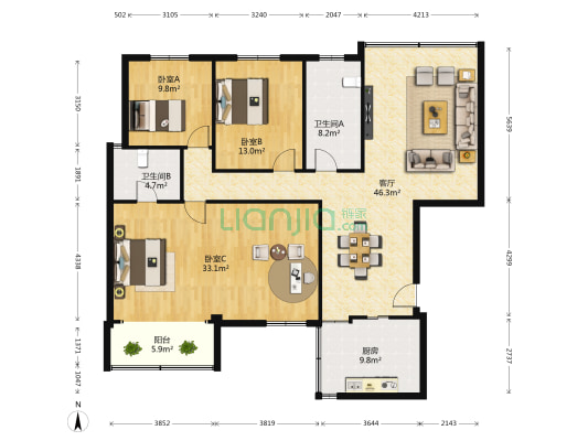 铭园小区 3室1厅2卫 159平方