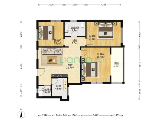 文化公寓 3室1厅2卫 109平方