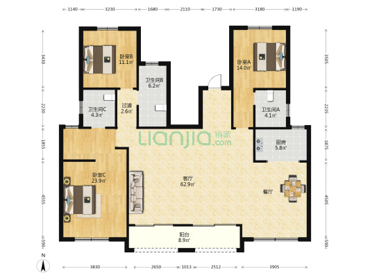 融创银城滴翠园南区 3室1厅3卫 171平方