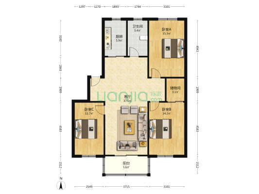 张洼路瑞锦小区 3室1厅1卫 119平方