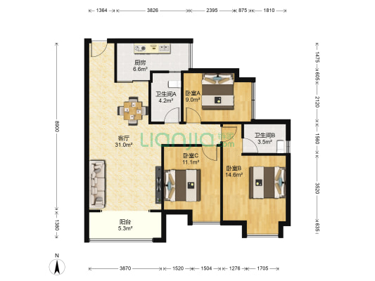 东方银座 3室1厅2卫 89平方
