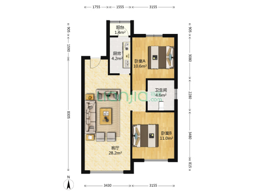 中海寰宇天下 2室1厅1卫 89平方