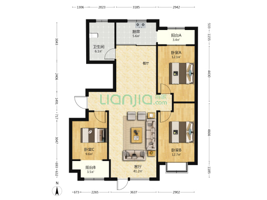 中阳锦绣国际 3室1厅1卫 127平方
