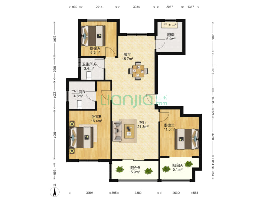 滨河花苑北苑 3室2厅2卫 127平方