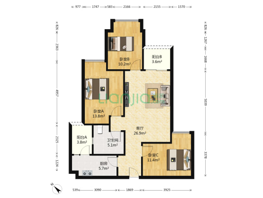 中铁天宏康郡 3室1厅1卫 91平方