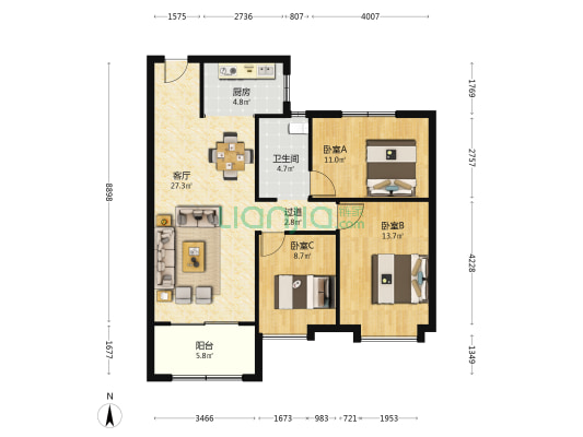 安宁碧桂园 3室1厅1卫 107平方