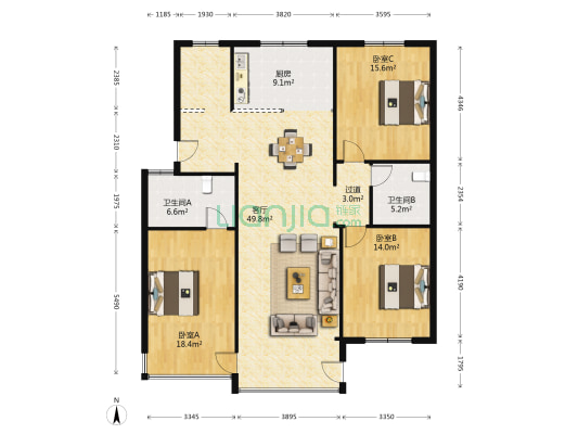 丹丘苑 3室1厅2卫 135平方