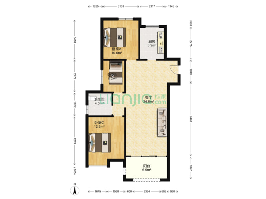 华彩唐人街壹号 3室1厅1卫 114平方