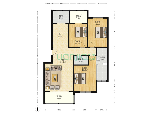 二轻玉河小区 3室2厅2卫 136平方