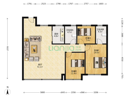绿城桂语朝阳A区 3室1厅2卫 139平方