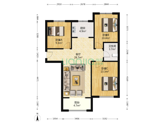 K2狮子城北区 3室1厅 南 北-户型图