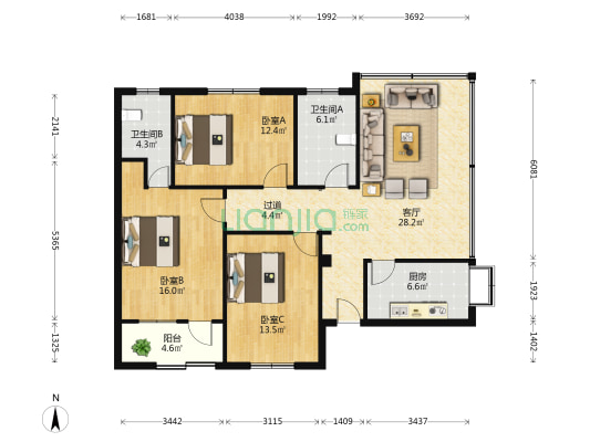 双湖桥小区 3室1厅2卫 115平方