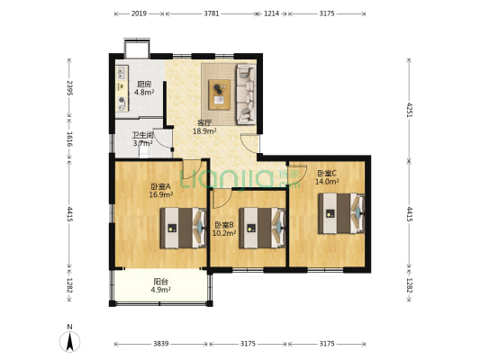 花山路205号 3室1厅1卫 87平方