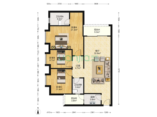 丽的花园 3室1厅2卫 116平方