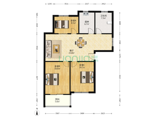 华盛苑 3室1厅1卫 126平方