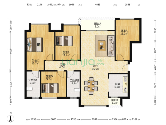 长平院子一期 4室1厅2卫 116平方
