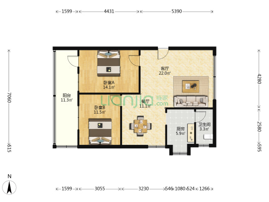 苏圃路45号住宅小区 2室2厅1卫 91平方