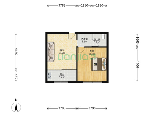 新宇花园 1室1厅2卫 57平方