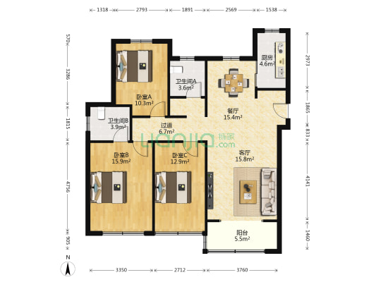 东方星城·塾香园 3室2厅2卫 134平方