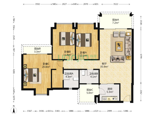 锦绣御景苑三期 3室1厅2卫 122平方