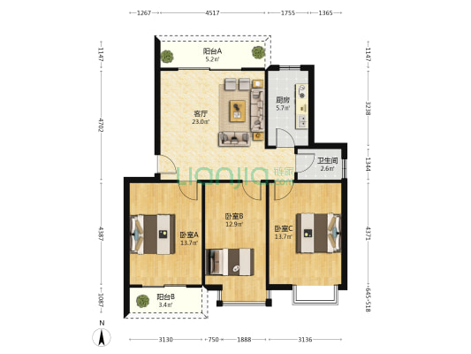 海港丽景 3室1厅1卫 90平方