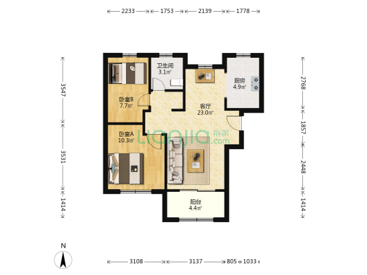 民乐城颐康名苑东苑 2室1厅1卫 75平方