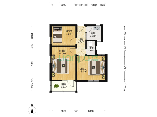 新生组团12号6栋 3室0厅1卫 59平方