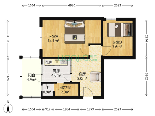湘江社区 2室1厅1卫 54平方