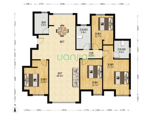 龙腰山居 4室1厅2卫 140平方