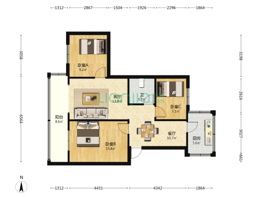 省人行大绿水河宿舍 3室2厅1卫 67平方