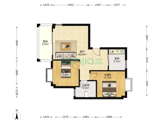 俊景花园朗晴居 2室1厅1卫 75平方