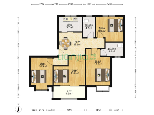 万岳华府B区凤府 4室1厅2卫 124平方